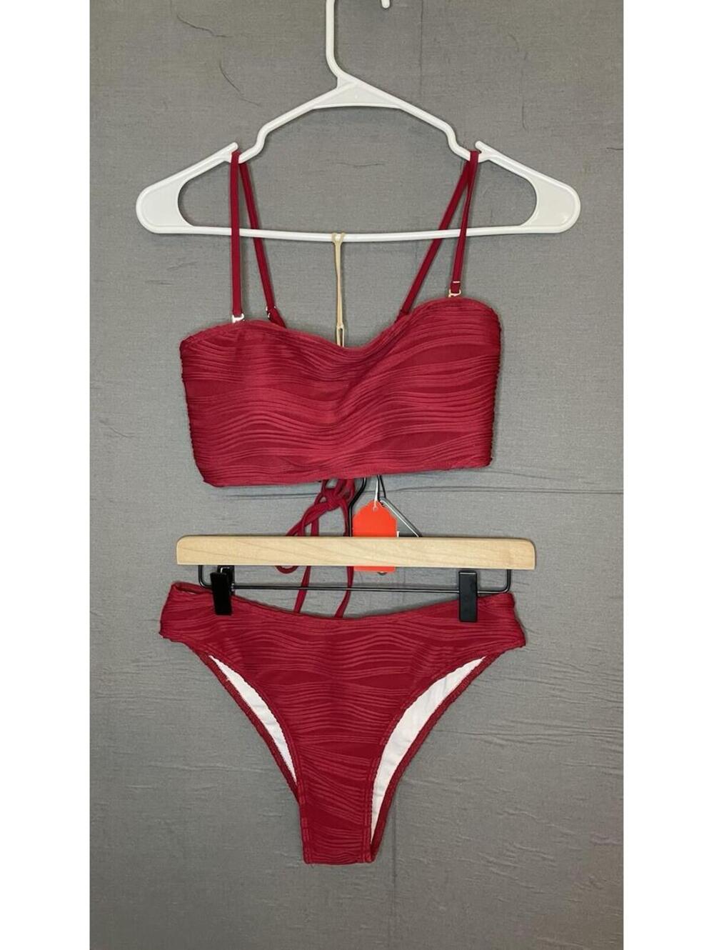 Zaful Bikini Set NWT Size S Maroon Red Textured Wave Lace Up Back 2 Piece